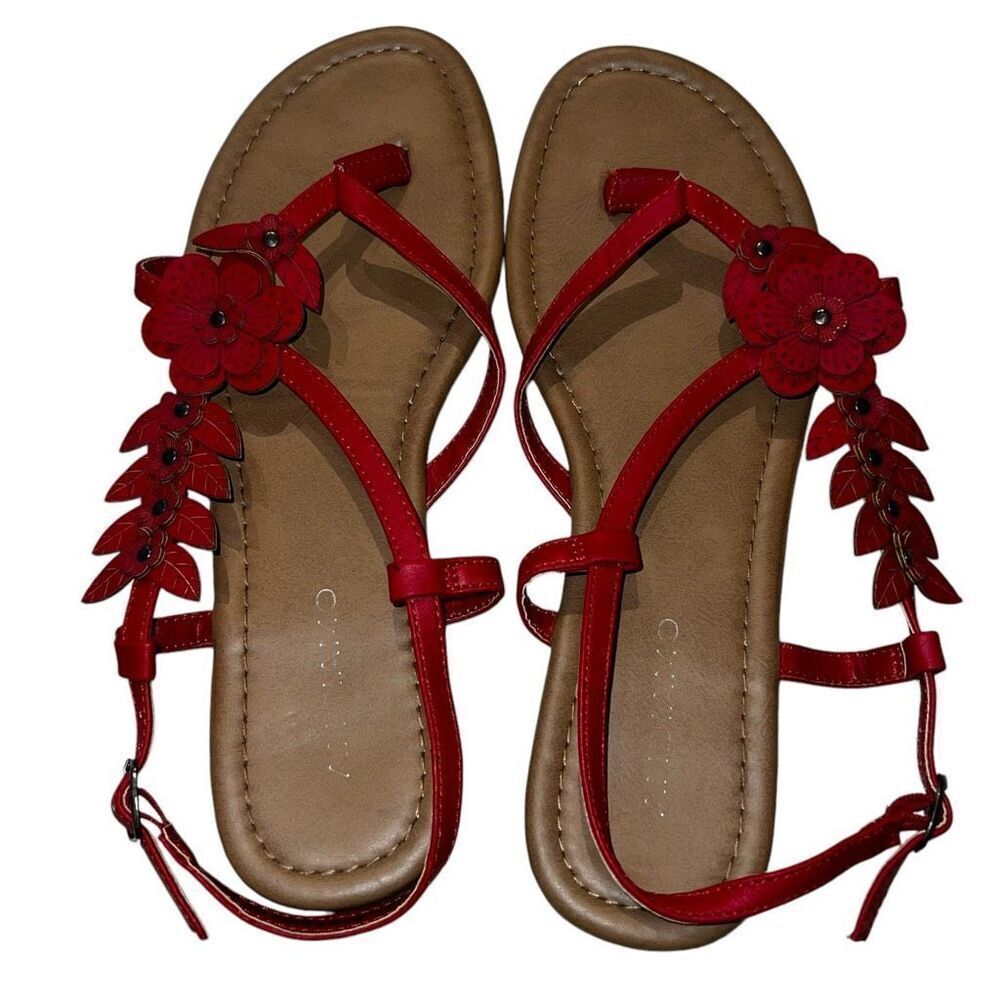 Andiamo Womens Size 8.5 Ascount Flower Motif Sandals Red Flats Ankle Strap - Picture 2 of 4
